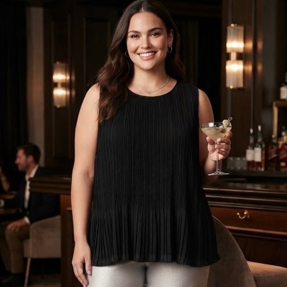 Halogen Womens Black Pleated Sleeveless Round Neck Top Size 2X NEW Nordstrom
